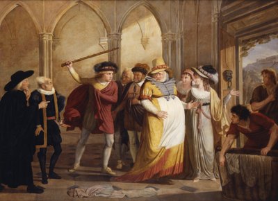 Falstaff travestito condotto fuori da Mrs Page, Atto 4 Scena 2, in Le allegre comari di Windsor, di William Shakespeare (1564-1616) c.1805 da James Durno